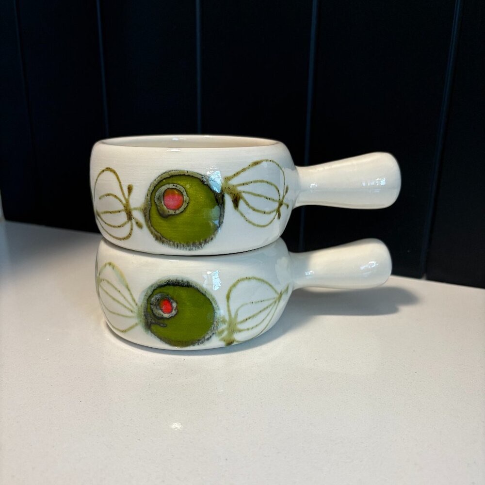 Two Rare Handmade 70's Vintage Ardencraft Pottery Olive/Onion Soup Crocks
